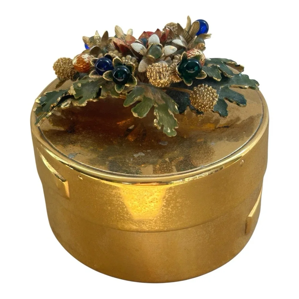 Vintage Gorham Gilt trinket box YC1141 enamel floral lid blue‎ velvet lined USA